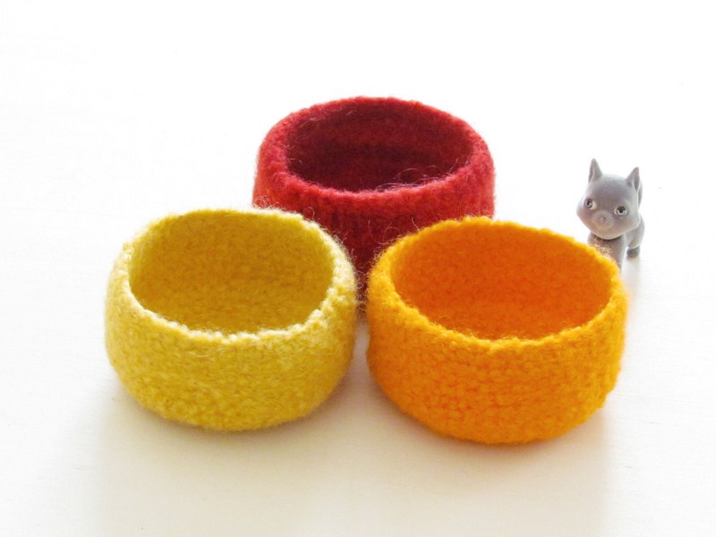 Yellow Felted Bowls / Summer Colors / Three Little Bowls In Yellow, Orange And Red / Mothers Day Gift Bright Colors