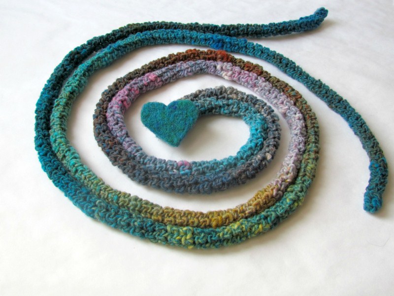 Turquoise Skinny Scarf - Crochet Jewelry - Extra Long Necklace - Needle Felt Brooch - Tropical Forest