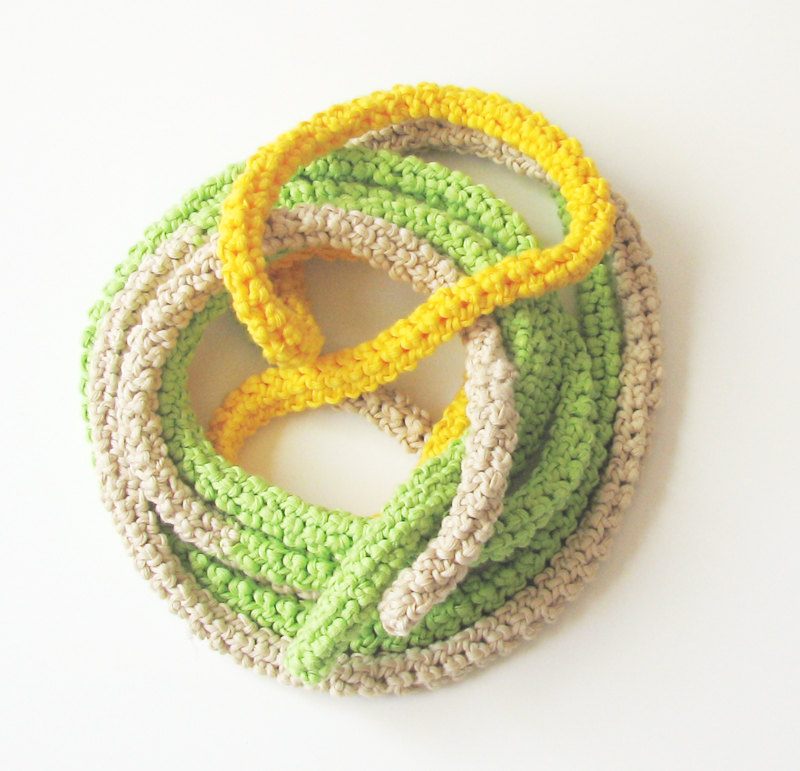 Crochet Skinny Scarf - Extra Long Necklace - Bright Colors Cotton - Natural, Green And Yellow