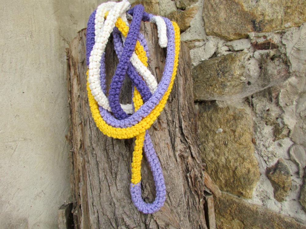 Crochet Skinny Scarf - Extra Long Necklace - Bright Autumn Colors - Cream, Purple, Lilac And Yellow